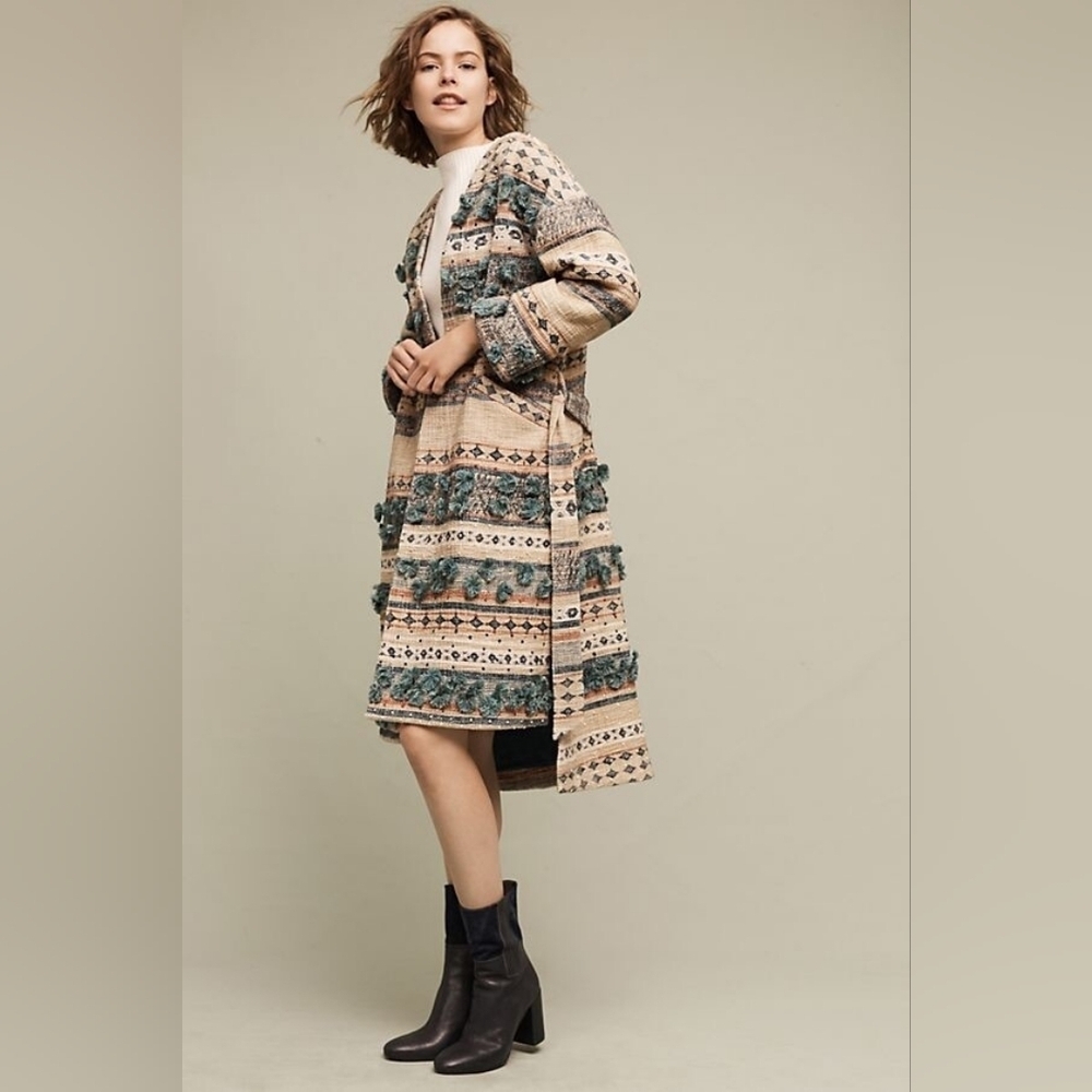 Anthropologie Textured Tassel Coat Tryb Hand Knitted Detailing 100% Cotton S